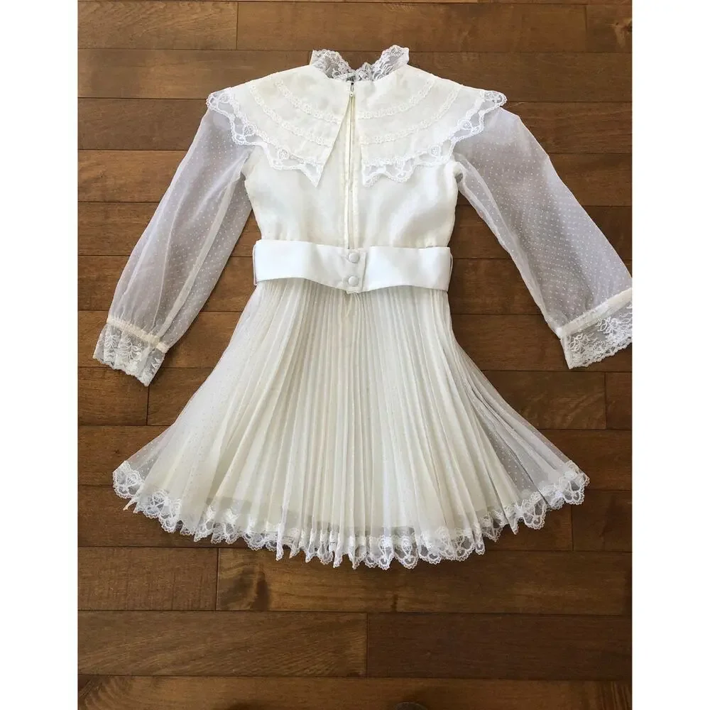 1978 Dorissa of Miami Swiss Dot Lace Pleated Ivory Dress age 6